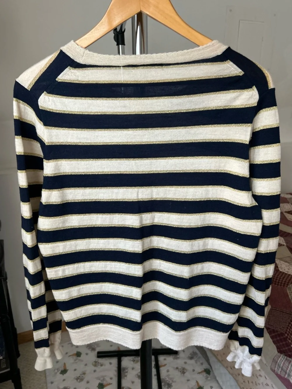 J. Crew Merino Wool Ruffle Sleeve Sweater Metallic Stripe XL